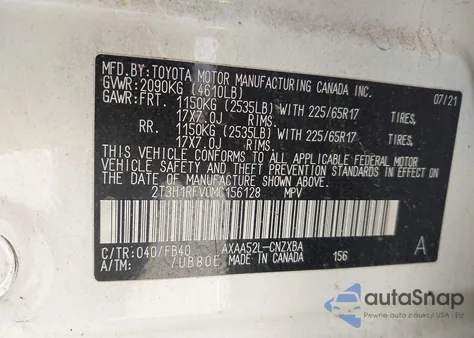 2021 Toyota Rav4 Le z USA, uszkodzony, nr VIN 2T3H1RFV0MC156128